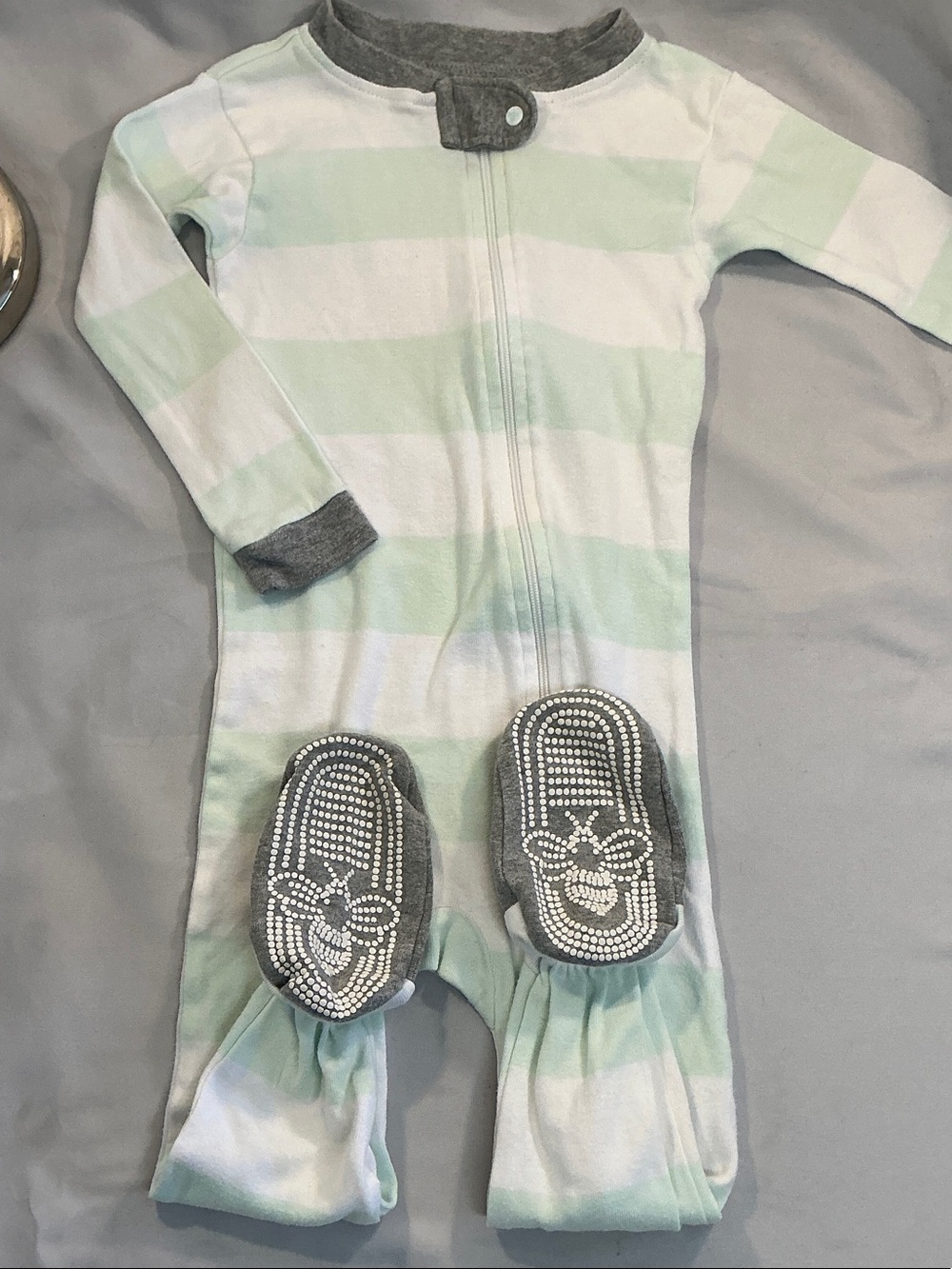 Burt's Bees Baby - Striped Mint and White Footie Pajamas with Grey Trim